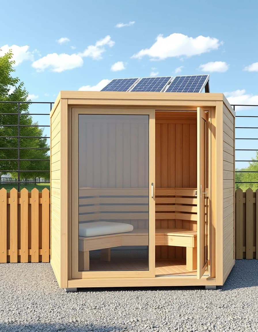Vertical presentation of a minimalist wooden sauna cube house, light timber finish, glass wall, solar panels, clear sky background, photorealistic texture.