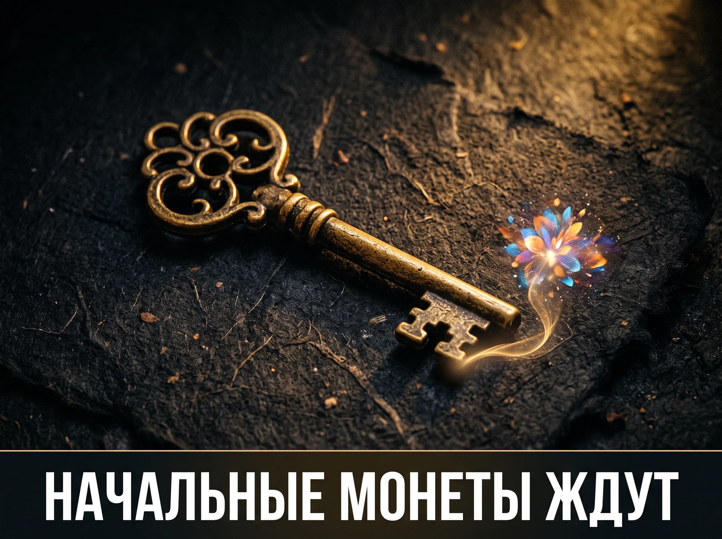 A macro photograph of an ornate brass key lying on dark textured paper, warm side light. From the key's teeth a delicate ribbon of golden light unfurls and blooms into a small burst of colorful abstract shapes. Deep shadows, rich contrast, single hero object centered, cinematic, no text in the scene. At the bottom, a clean horizontal banner with bold Russian text "Стартовые монеты ждут", simple sans-serif, high contrast, occupying under 20% of the image, not covering the hero.