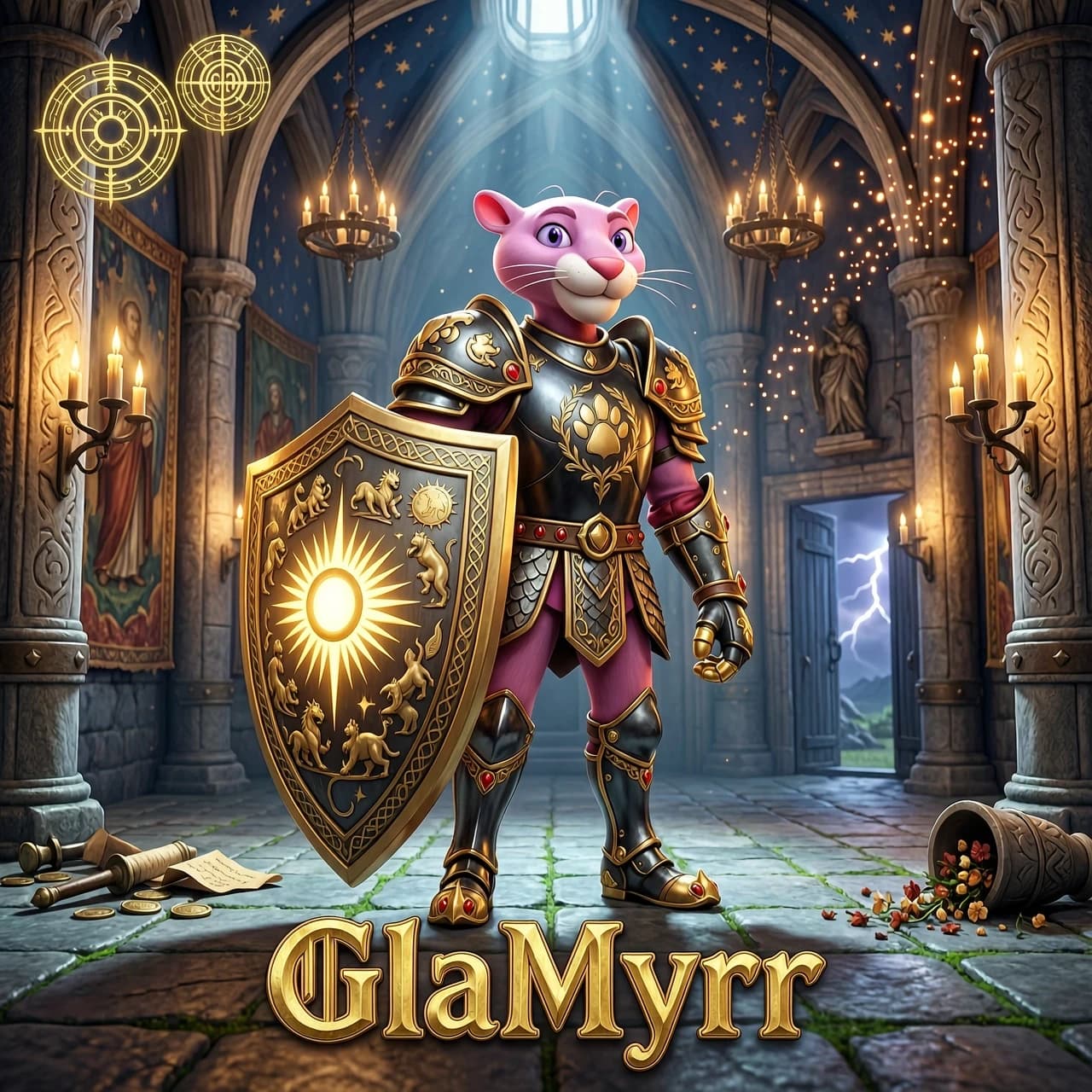 Pink Panther character in a stylized, heroic 3D render, cinematic animation style inspired by modern high-end video games. The Pink Panther stands in a powerful, majestic pose, wearing ornate medieval plate armor with gold filigree. He is holding a large, heavy knight's shield decorated with intricate engravings and a glowing crest. The background features a grand, epic fantasy guild hall with stone pillars, flickering torches, and floating magical embers. Dramatic volumetric lighting, rim light highlighting the panther's fur texture, epic atmosphere, cinematic composition, wide shot. At the bottom of the image, the text "GlaMyrr" is written in elegant, bold, embossed fantasy typography with a metallic texture. High detail, 8k, Unreal Engine 5 render, masterpiece.