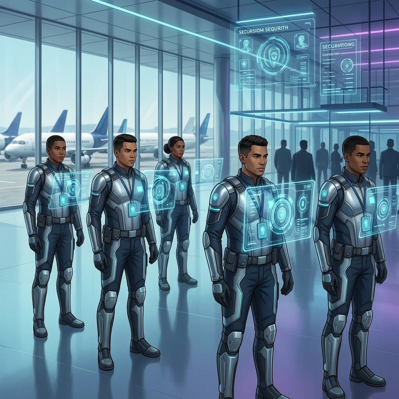 Digital professional transport security certification process for airport personnel, modern futuristic style. A diverse group of focused security officers in sleek, high-tech tactical uniforms undergoing advanced training. The scene features holographic interfaces, glowing biometric scanning elements, and translucent digital data displays floating in the air. Composition: wide angle, cinematic depth of field, showing a high-tech airport terminal interior in the background with blurred silhouettes of aircraft and glass architecture. Lighting: cool neon glow, soft volumetric lighting, cyan and deep blue color palette with bright azure accents. Details: intricate HUD elements, glowing security badges, polished metallic surfaces, sharp digital textures. Mood: professional, high-tech, secure, and sophisticated. Art medium: high-end concept art, clean vector lines mixed with realistic digital painting, 8k resolution, Unreal Engine 5 render style.
