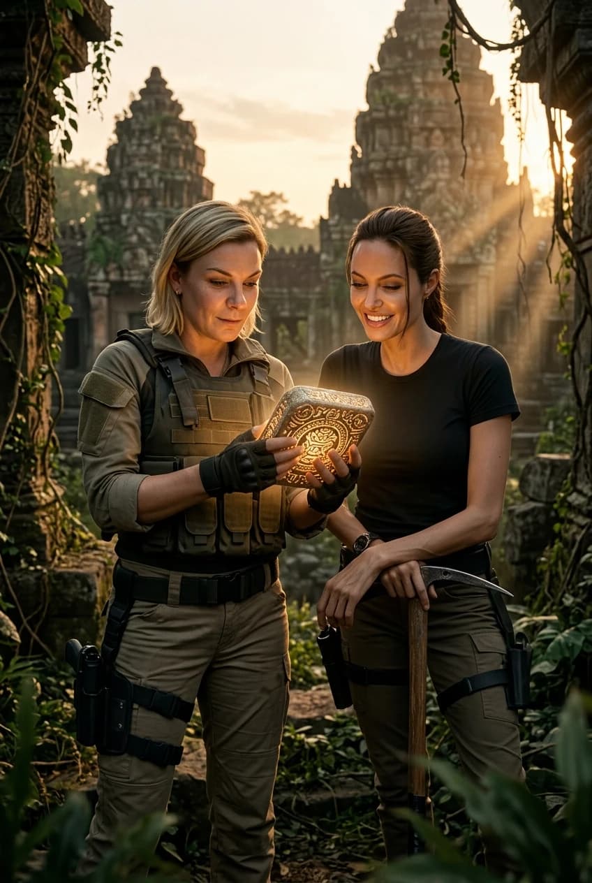 Cinematic film still, hyper-realistic photography. A side-by-side composition featuring a woman and Angelina Jolie as Lara Croft. The woman is dressed as a professional relic hunter in tactical gear, leather holsters, and weathered adventuring clothes, holding a glowing, intricately carved ancient artifact in her hands. They are standing within the ruins of a sun-drenched, overgrown ancient city with crumbling stone temples and creeping vines in the background. The lighting is dramatic natural sunlight filtering through jungle canopy, creating volumetric god rays and realistic shadows. High-end cinematography, shot on 35mm lens, f/2.8, shallow depth of field. Perfect anatomical proportions, matching skin tones, and realistic textures of fabric, skin, and stone. Authentic movie scene aesthetic, highly detailed environment, epic adventure atmosphere, 8k resolution, masterpiece, no compositing artifacts, seamless integration.