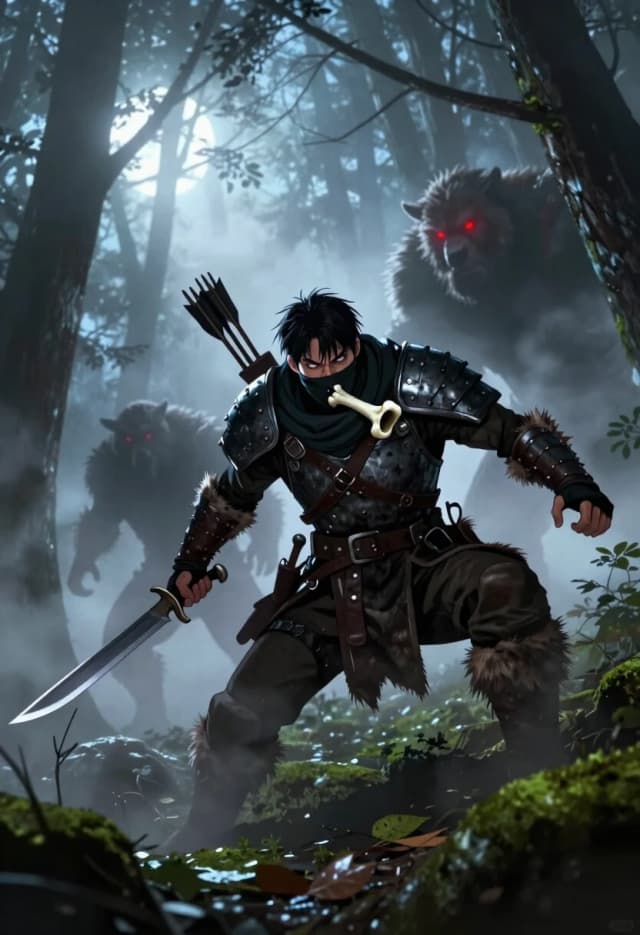 Dynamic, cinematic illustration in the style of modern Korean manhwa. Low-angle shot from the ground, looking up at an Orcish Hunter crouching low in a dense, foggy forest. He’s tracking beastmen — his eyes are narrowed, focused, scanning the mist for any sign of movement. His body is tense, ready to spring; one hand rests on the hilt of a long, serrated knife, the other grips a small, bone-carved whistle used to signal allies.
The forest is shrouded in thick, swirling mist that obscures the background, creating a sense of isolation and danger. Shafts of cold blue moonlight pierce through the trees, illuminating patches of wet leaves and moss. In the distance, barely visible through the fog, are the glowing red eyes of the beastmen — they’re closing in, surrounding the hunter.
The hunter’s gear is practical and worn: leather armor with metal reinforcements, a quiver of arrows slung across his back, and a cloak made from the pelt of a slain predator. His face is partially covered by a dark scarf, protecting him from the cold and hiding his identity.
The composition is asymmetrical, with strong diagonal lines created by the trees and the hunter’s posture, adding tension and dynamism. The foreground is sharp and detailed, while the background fades into soft, painterly blur, emphasizing the depth of the forest.
Lighting is high-contrast, with deep shadows and bright highlights; the moonlight creates dramatic chiaroscuro effects, highlighting the texture of the hunter’s armor and the mist in the air.
Technical: 8K resolution, sharp focus on the hunter, shallow depth of field for the background; heavy use of contrast and saturation; dynamic camera angle; mood of suspense, danger, and calculated aggression.