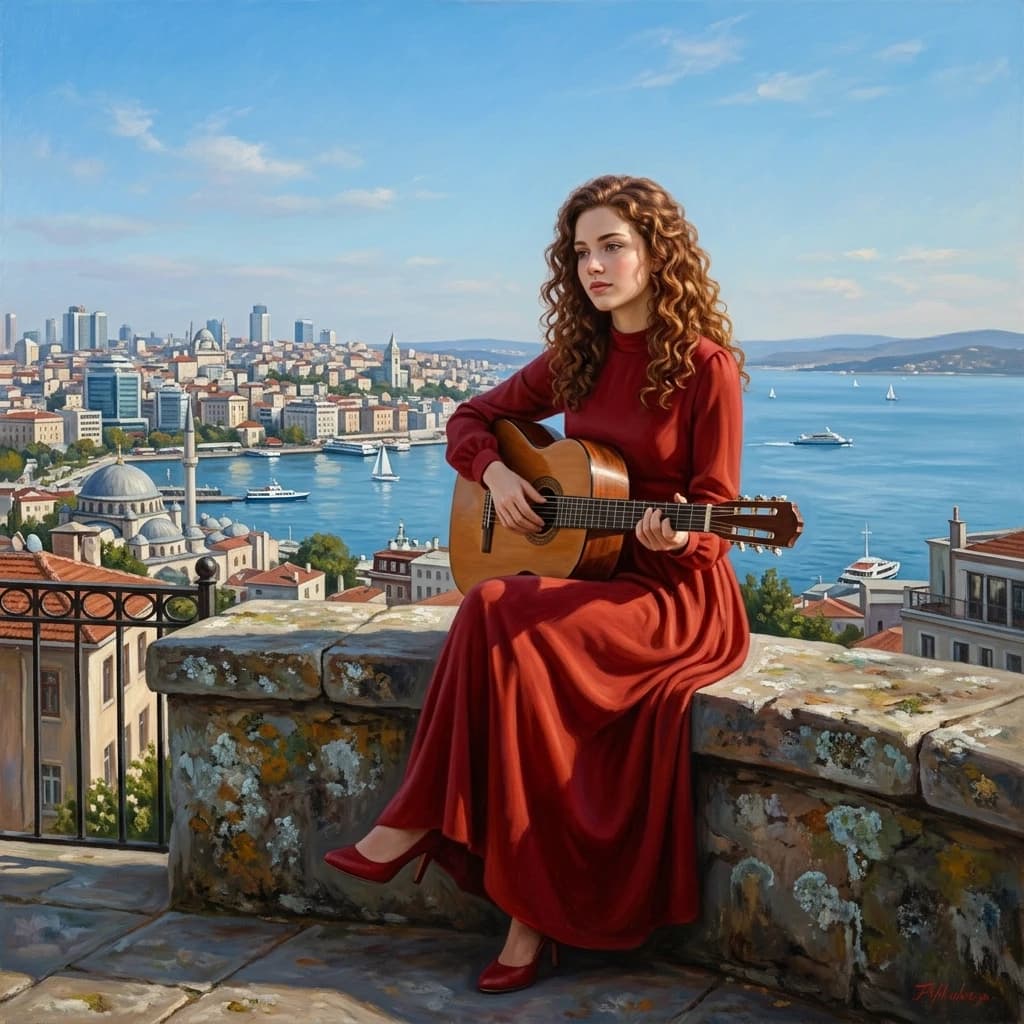 The image is a painting of a young woman sitting on a ledge with a guitar in her hands. She is wearing a long red dress with a high neckline and long sleeves. Her hair is styled in loose curls and she is wearing red high heels. The background shows a beautiful view of a cityscape with buildings and a body of water. The sky is blue and the overall mood of the image is peaceful and serene. The painting is done in a realistic style with vibrant colors and intricate details.