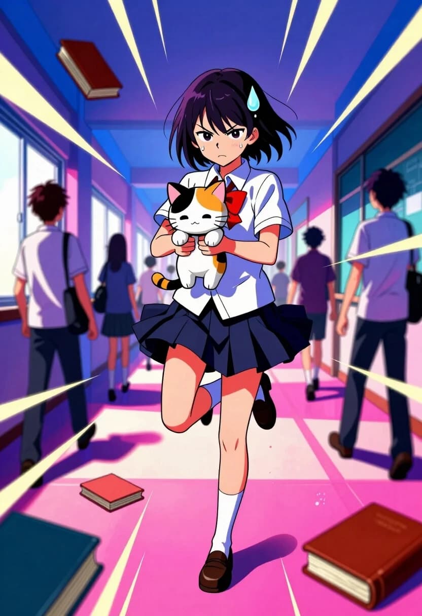 Anime style, shonen aesthetic, bold linework, cel shading, vibrant saturated colors, high contrast. A teenage student in a school uniform stands in the middle of a chaotic hallway right before a big exam. Her secret habit: she must spin exactly three times on one foot while holding a tiny plush kitten in both hands — and she does it with deadly seriousness. Her face is intense, eyes narrowed, jaw clenched, as if the fate of the world depends on it. The kitten, a fluffy calico, looks utterly bewildered, its tiny paws gripping the plush fabric, ears flattened from the spin. Motion lines and speed streaks radiate from her spinning figure. The hallway background is a controlled chaos: other students are frozen mid‑step, some with dropped books, one with a flying lunchbox — all rendered with dynamic angles and dramatic perspective. A large, exaggerated sweat drop floats near her head (classic manga visual gag). Rim lighting and volumetric rays punch through the windows, creating dramatic highlights and deep shadows. Color palette: electric blue, hot pink, and deep purple with gold accents. Mood: high energy, comedic tension, youthful anxiety turned into spectacle.