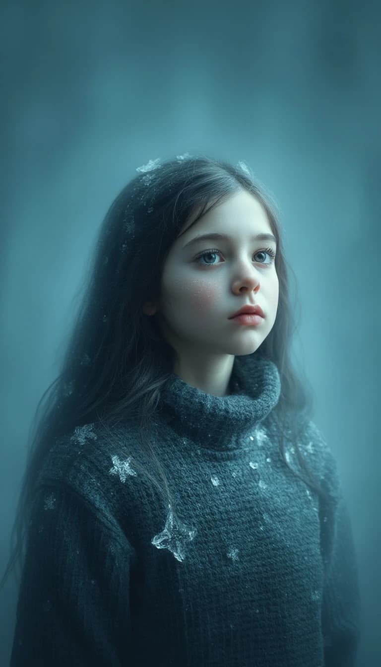 девушка застывшая в абсолютной тишине. A fantasy disproportionately sized and asymmetrically positioned little high detail. soft background