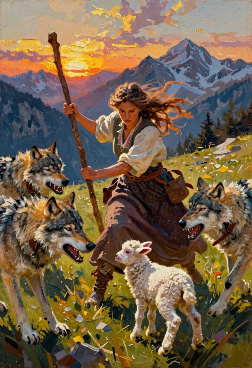 concept art A mountain shepherdess fiercely fights off three aggressive angry wolves with her staff, protecting a little lamb. Her hair flutters in the wind, her traditional clothes, her determined expression. High alpine meadow at sunset, golden light against cold shadows, dramatic scene, cinematic lighting, epic realism, highly detailed, digital artwork, illustrative, painterly, matte painting, highly detailed, Greg Rutkowski concept art, epic fantasy, dramatic lighting, painterly, highly detailed, vibrant colors, dynamic composition, WLOP, melancholic, palette knife oil painting, bold strokes, thick texture, dramatic, expressive, chunky paint application, modern technique, photorealistic, 4K resolution, pastel colors, deep depth of field, cinematic lighting