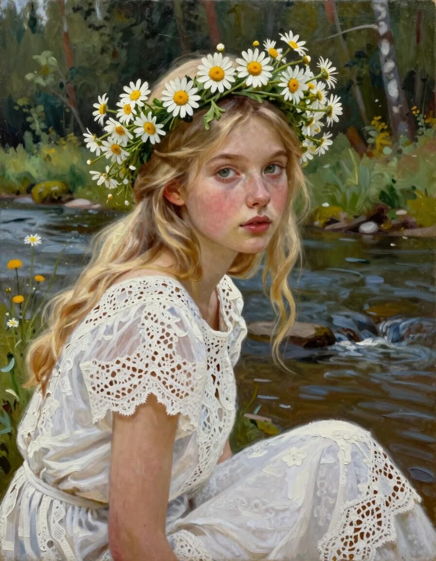 A masterpiece. Style: oil painting. (Image. How does artificial intelligence imagine: A beautiful Slavic girl, blonde with a wreath of field daisies, in a white lace dress sits on the riverbank against the background of the forest. Expressive gray-green eyes, clear facial features, head turn 3:4):1.8. Intense close-up. High quality. High resolution. Increased attention to fine details and texture. The artist is Russ Mills.