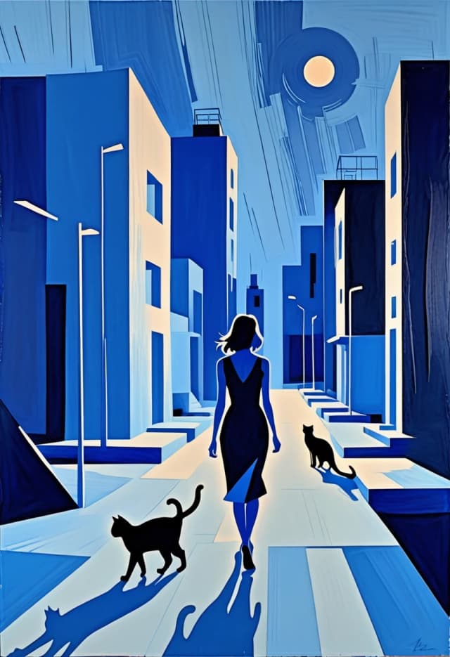 In the style of Malcolm T. Leipke
on a blue background,
night landscape, modern architectural landscape, walking silhouettes of women cats angular, nervous brushstrokes, on a rough background, pastel, unfinished study
minimalism