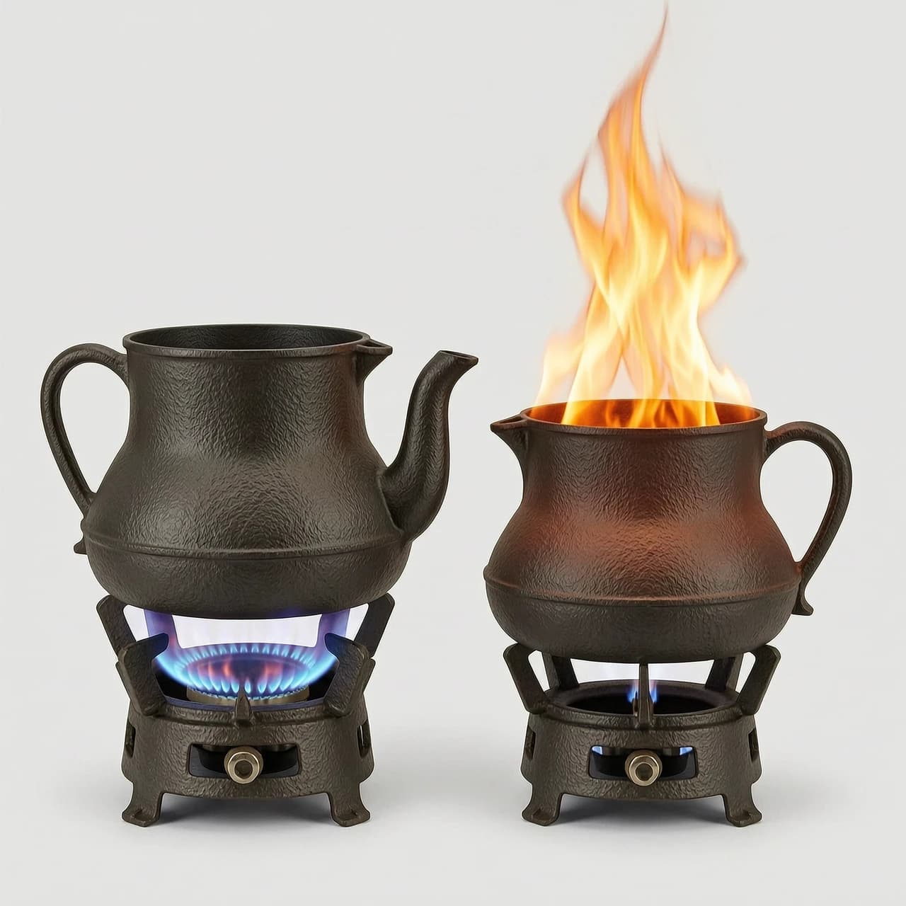 two identical cast iron colored jugs with flat bottoms, no handles or spouts, on a white background. The first is heated from below by a gas burner, the second has no gas from below but its body color is 850 degrees and it has a strong flame.