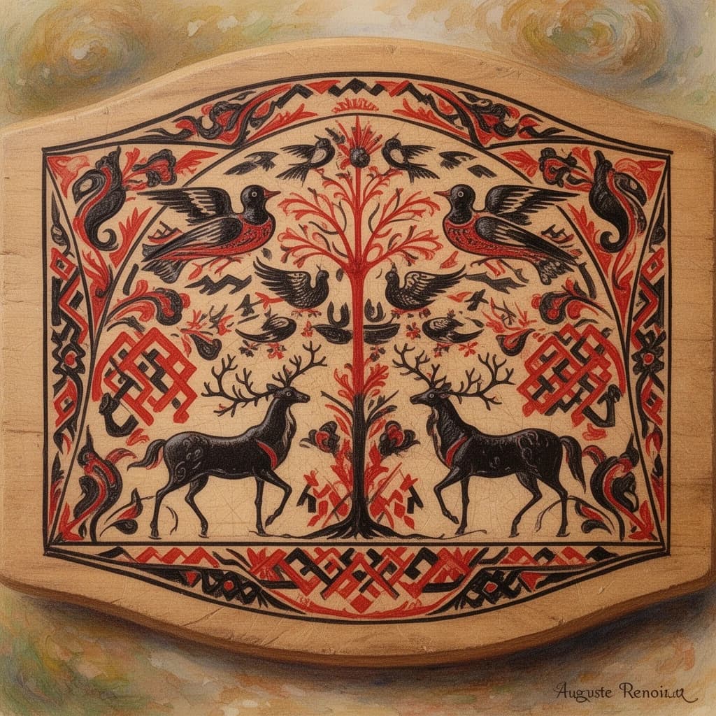 Watercolor painting is a true masterpiece of graphic style. ((Style: Mezen painting is one of the most ancient and original Russian folk crafts, originated at the end of the 19th century in the north of the Arkhangelsk region, in the Mezen district, near the White Sea. It is also called Palaschelskaya, after the village of Palaschelye, which was the center of this art. Black and red are the main colors: red (from baked clay) and black (from soot with larch resin). Sometimes white, blue or green appear in modern works.
Stylized images of animals: horses, deer, moose, ducks — all these are not just decorations, but symbols with deep meaning. For example, a duck is the sun going into the underwater kingdom, and a horse is the rising sun and prosperity.
Pagan symbols: the tree of life, spirals (symbol of the annual cycle), zigzags (water), a dot in a square — grain, fertility.
Geometric patterns are strict, repetitive, giving rhythm and dynamics to the drawing.
Three-tiered composition: There are animals (deer, horses) below, birds and animals in the middle, and only birds on top.
Objects: most often these are spinning wheels, boxes, chests, barrels, and today — souvenirs, dishes, murals.
An image of a bread cutting board with a Mezen painting. The oldest known example is an 1815 spinning wheel with a black and red pattern. Surprisingly, the tradition dates back to the Finno-Ugric tribes, even before Christianity.)). Intense close-up. High resolution. High quality. Increased attention to small details. Hyper-realistic surrealist style, impressionism. Increased attention to the smallest details and texture. The author is Auguste Renoir.