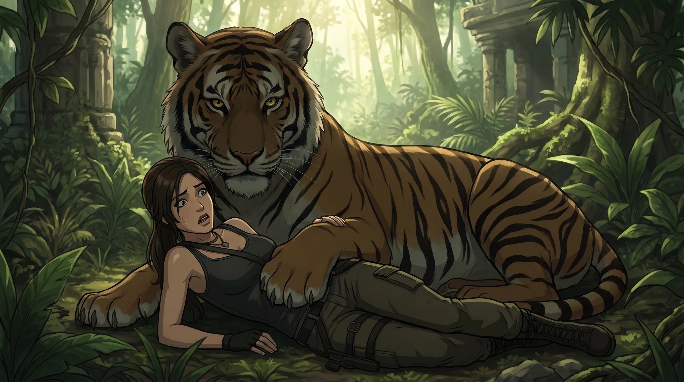 Tomb Rider (game 2013), Лара Крофт с большой грудью с глубоким декольте и широкими бёдрами, лежит под серьёзным тигром, тигр наступил на грудь Лары Крофт, напуганный взгляд, в джунглях, стиль аниме