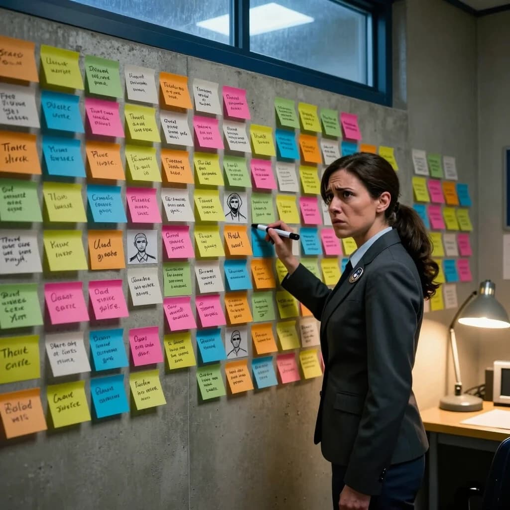 Prompt:
A realistic, wide-angle interior shot, 8k. A dimly lit police precinct room. A concrete wall is completely covered in a mosaic of colorful sticky notes, each with distinct handwriting—some aggressive and bold, others small and meticulous. The notes contain fragmented addresses, sketches of unidentified suspects, and cryptic quotes. A woman investigator with a sharp, analytical gaze stands before the wall, holding a marker, her expression a mix of frustration and sudden insight. She is dressed in a professional charcoal blazer. Lighting: a mix of cool moonlight from a high window and the warm glow of a desk lamp, creating a sophisticated contrast. Shot on Canon EOS R5, 35mm lens, f/4, sharp focus on the interplay between the woman's focused expression and the chaotic paper landscape, capturing the raw texture of adhesive residue and marker ink.