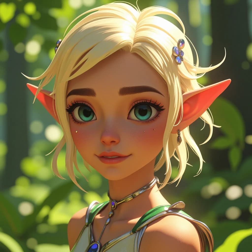 Disney-style 3D animation render of a beautiful young female elf healer, close-up portrait focusing on head and shoulders. She has radiant, glowing blonde hair adorned with delicate silver filigree hairpins and tiny glowing forest flowers. Her eyes are a striking, expressive crystalline blue, filled with kindness and magical warmth. She wears intricate elven jewelry, including a slender silver necklace with a glowing emerald pendant. The character design features smooth skin textures, large expressive eyes, and soft facial features characteristic of modern Disney feature films. Background is a soft-focus, lush enchanted forest in various shades of emerald and sage green, with magical bokeh light particles floating in the air. Soft, cinematic rim lighting highlights her silhouette, with warm, gentle sunlight filtering through leaves to create a magical, healing atmosphere. High-quality CGI, 8k resolution, vibrant colors, whimsical and heartwarming mood.
