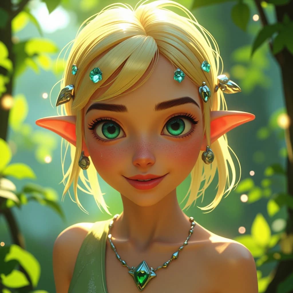 Disney-style 3D animation render of a beautiful young female elf healer, close-up portrait focusing on head and shoulders. She has radiant, glowing blonde hair adorned with delicate silver filigree hairpins and tiny glowing forest flowers. Her eyes are a striking, expressive crystalline blue, filled with kindness and magical warmth. She wears intricate elven jewelry, including a slender silver necklace with a glowing emerald pendant. The character design features smooth skin textures, large expressive eyes, and soft facial features characteristic of modern Disney feature films. Background is a soft-focus, lush enchanted forest in various shades of emerald and sage green, with magical bokeh light particles floating in the air. Soft, cinematic rim lighting highlights her silhouette, with warm, gentle sunlight filtering through leaves to create a magical, healing atmosphere. High-quality CGI, 8k resolution, vibrant colors, whimsical and heartwarming mood.