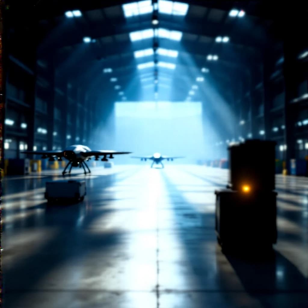 Inside a seemingly endless massive warehouse, so large that the far walls are lost in haze and shadow. High ceilings with industrial lighting. In the distance, large drone aircraft are visible, but they look small compared to the immense size of the building. The floor is polished concrete, reflecting the dim light. The atmosphere is quiet, vast, and slightly eerie. Photorealistic, wide perspective shot, high detail.
