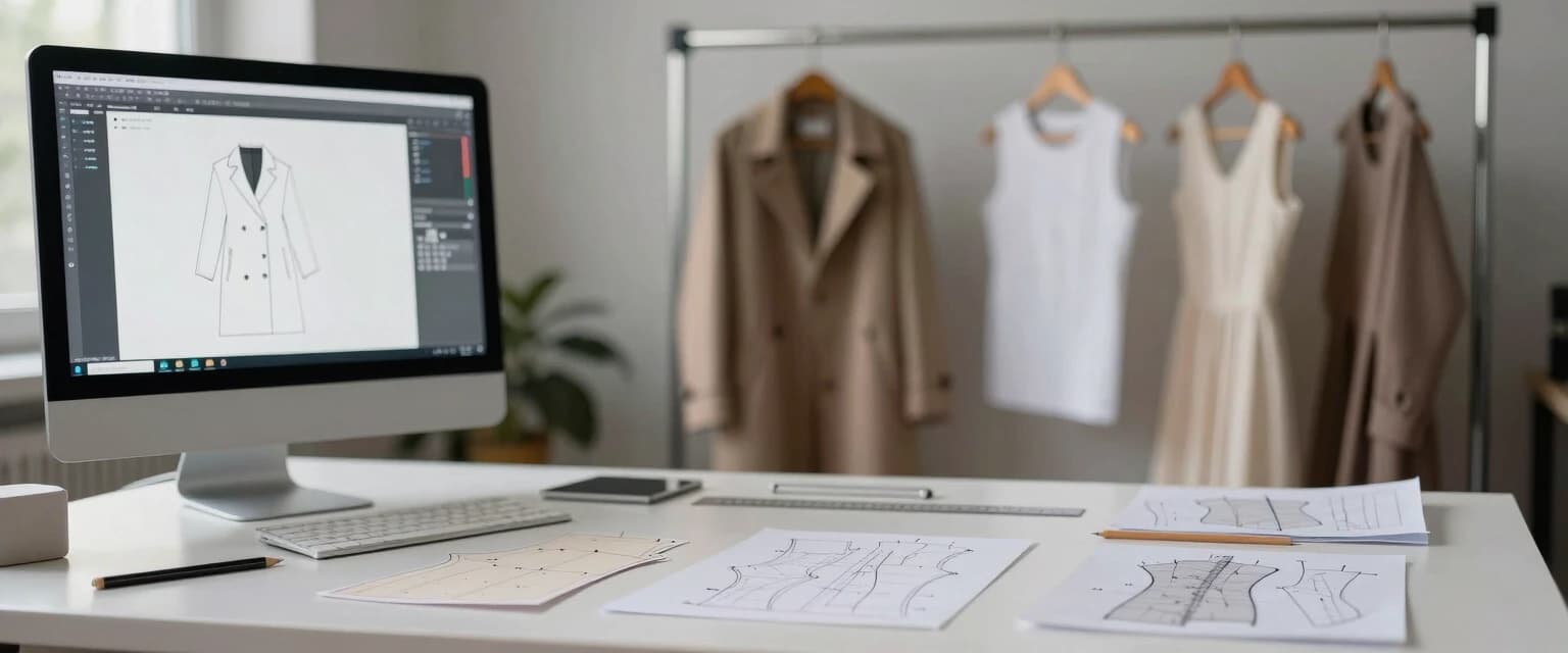 Photorealistic, frontal view of a clothing pattern design bureau. Foreground: a matte white desk with neatly arranged paper sewing patterns, transparent plastic drafting rulers (lecalas), technical flat sketches, graphite pencils, and a metal ruler. In the left corner of the desk, a modern COMPUTER with a large monitor showing CAD software displaying a 3D flattened pattern piece for a coat. Background (heavily blurred with bokeh): a metal clothing rack holding finished garment samples (a classic coat and two dresses), as well as finished paper patterns hanging on hangers. Lighting: soft directional light from the top-left (daylight, 5000K) highlighting the texture of the paper and plastic, with no glare on the monitor screen. Shallow depth of field, focus on the table with patterns and the COMPUTER.