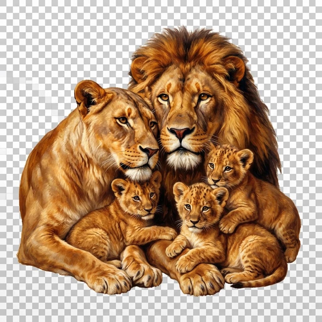 Draw a touching scene: a lion family, closely pressed against each other, conveys a sense of love, understanding, warmth, and affection. In the center, there is a male lion, next to him is a female lion, and on either side are three small lion cubs. The lions are looking at the viewer; their gazes are filled with tenderness and care. The lions’ fur is rendered in detail: soft highlights in golden‑red shades, delicate reflections. Background: transparent. Done in the style of Rosa Bonheur.