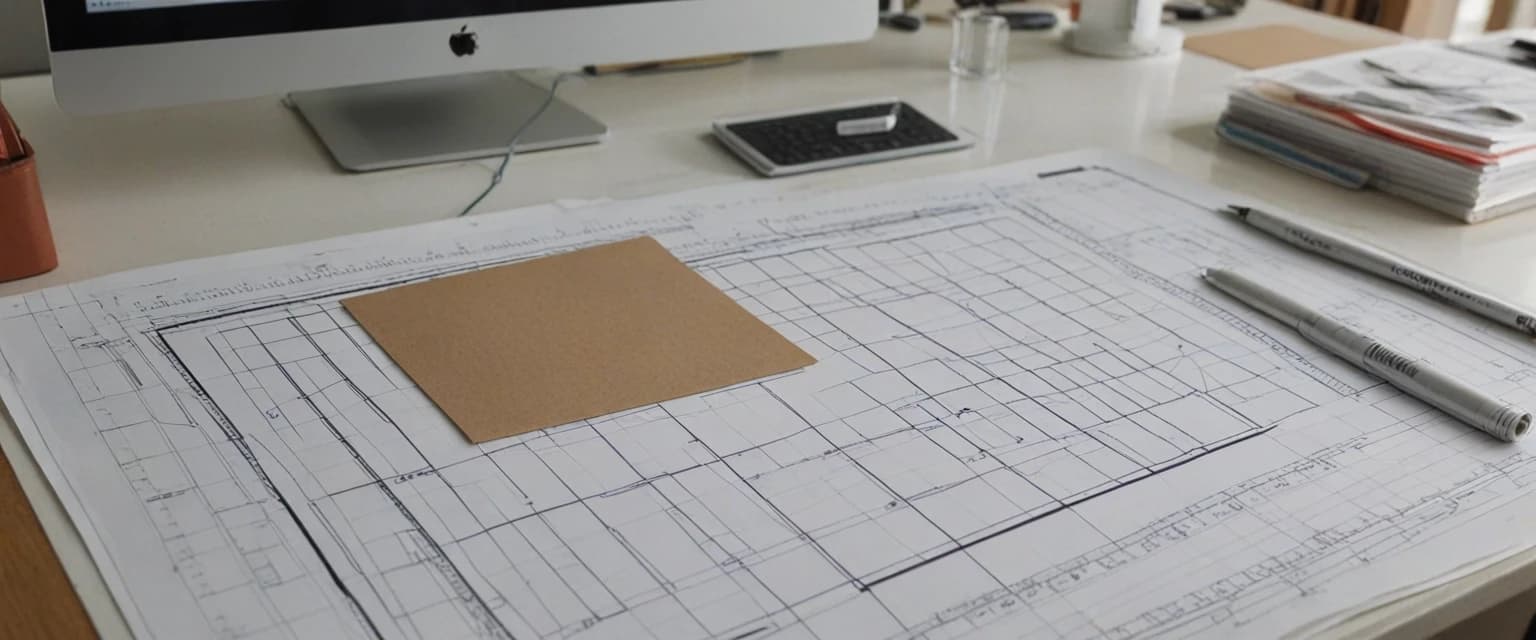 Photorealistic, frontal view of a clothing pattern design bureau. Foreground: a matte white desk with neatly arranged paper sewing patterns, transparent plastic drafting rulers (lecalas), technical flat sketches, graphite pencils, and a metal ruler. In the left corner of the desk, a modern COMPUTER with a large monitor showing CAD software displaying a 3D flattened pattern piece for a coat. Background (heavily blurred with bokeh): a metal clothing rack holding finished garment samples (a classic coat and two dresses), as well as finished paper patterns hanging on hangers. Lighting: soft directional light from the top-left (daylight, 5000K) highlighting the texture of the paper and plastic, with no glare on the monitor screen. Shallow depth of field, focus on the table with patterns and the COMPUTER.
