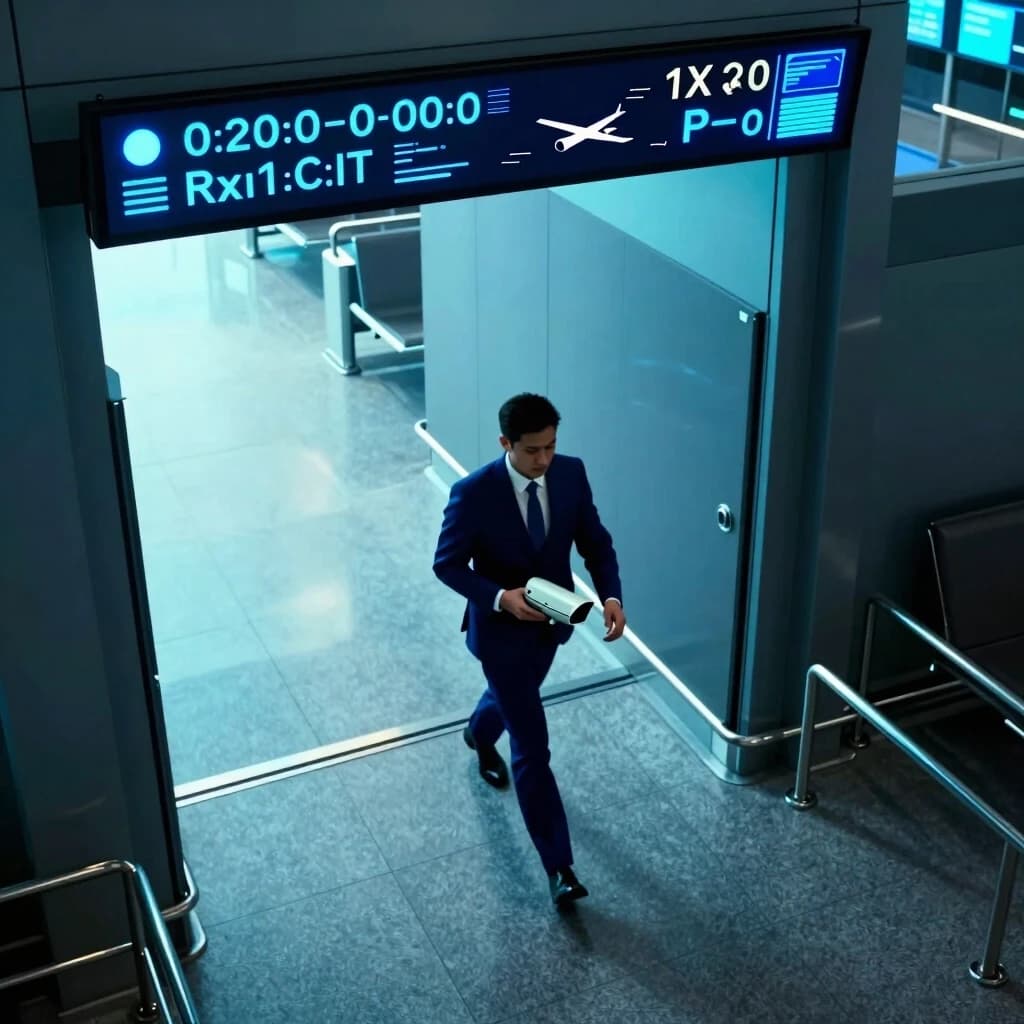 Surveillance camera footage, wide-angle shot from a high angle, cinematic futuristic aesthetic. An airport employee in a dark blue suit and white shirt is hurriedly walking toward the exit, holding a small aircraft part in his hands. A modern airport of the future. The color palette is dominated by blue, bright cyan, and cold cobalt tones. High contrast, grainy digital noise, slight motion blur of the moving figure, glitch effects, timestamp and digital interface on the screen. Dramatic chiaroscuro lighting, volumetric fog, dark and tense atmosphere. Hyper‑realistic digital photograph, 8K resolution, highly detailed textures.