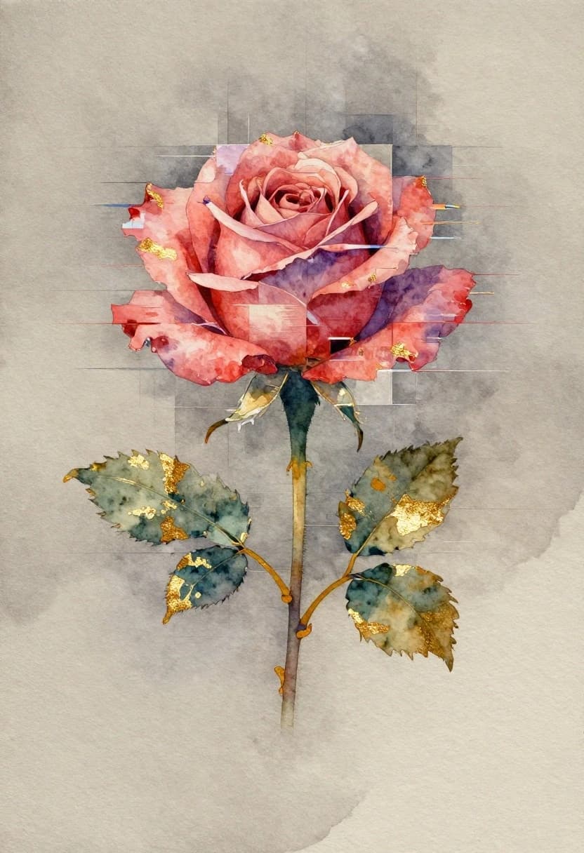 A watercolor painting on a neutral gray‑beige background with a gradient. Impressionism. Visible texture of the canvas or textured watercolor paper. Glitch art: digital roses consisting of squares, with digital glitching and distorted visual effects. Pastel, powdery shades. Accents of gold leaf, bright and shiny, highlighting significant elements. Art Deco style. Harmonious composition.