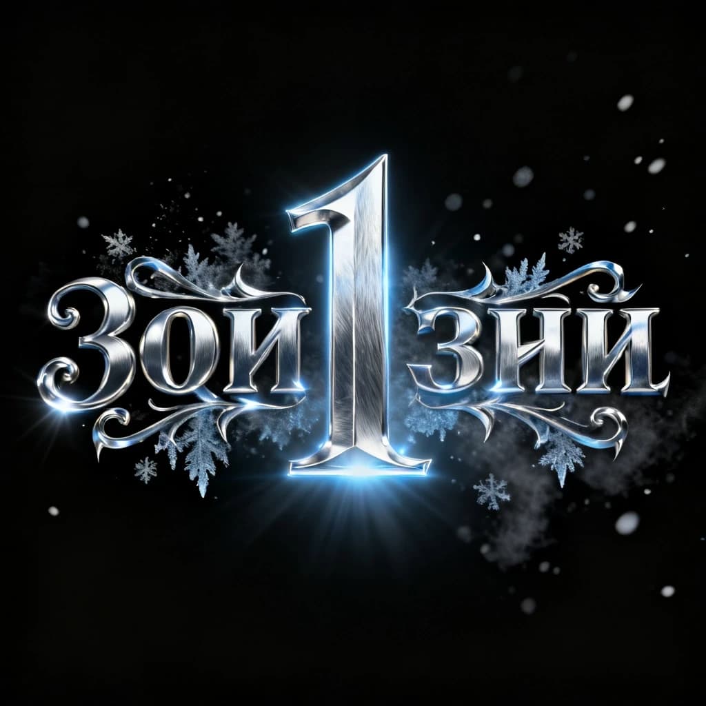 Cinematic glowing silver steel title text in Russian: "1" with intricate gothic-inspired curlicues and sharp metallic filigree, cold silver figured letters with a sleek brushed metal texture, icy silver glow and cool light bloom around the text, volumetric 3D typography, high contrast lighting, black background, subtle frost-like particles and light dust in the air, game splash screen title style, epic yet modern, ultra-detailed, high quality, sharp focus, no people, no characters, only text.