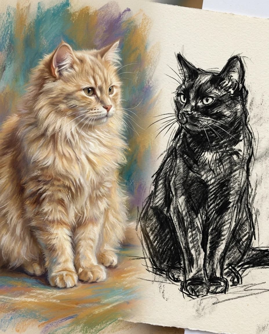 A real masterpiece. How artificial intelligence would depict: ((Aesthetics: Impressionism. An image of a delicate beige fluffy cat made in pastel technique, and next to it sits a black cat, in the form of a sketch drawn with black charcoal)). Close-up. High resolution. High quality. Increased attention to small details. Hyperrealistic style of surrealism, impressionism. Increased attention to the smallest details and texture of the beige fur of the cat and the image of a black cat outlined in black charcoal. The author is Auguste Renoir, Vrubel.