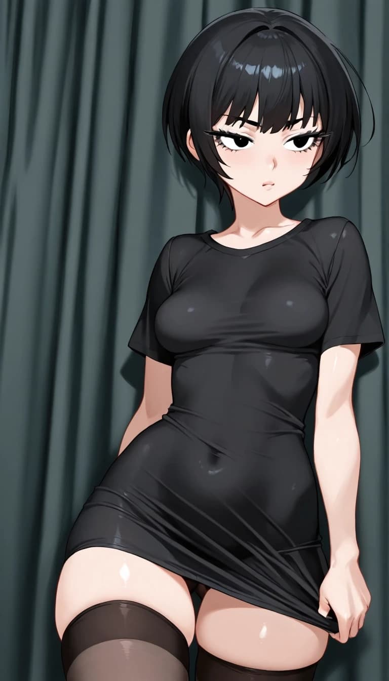 милая anime большие черные глаза и волосы азиатка с ресницами черная облегающая черная однотонная футболка чулки комната япония окно ночь