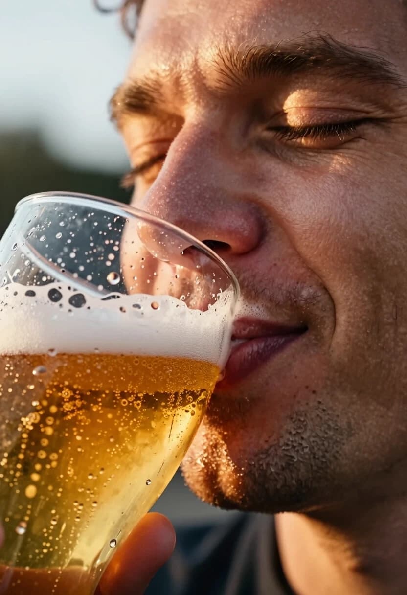 Prompt:
A hyper-realistic 8k macro shot, extreme close-up. The focus is on a man's face in a moment of pure, visceral relief after the first sip of ice-cold lager. A thick, creamy white foam head of the beer is clinging to his upper lip and the rim of the glass. His eyes are closed in ecstasy, a slight, genuine smile of contentment on his face. The glass is a heavy, frosted pilsner with countless tiny, shimmering condensation droplets clinging to the surface; one large drop is captured in mid-slide down the glass, trailing through the frost. Lighting: warm, golden hour sunlight hitting the side of the face, creating a brilliant backlight through the golden, carbonated liquid, illuminating millions of tiny rising bubbles. Shot on Sony A7R IV, 90mm macro lens, f/2.8, capturing the tactile texture of skin pores, the wetness of the foam, and the crystalline clarity of the beer. High dynamic range, cinematic warmth.