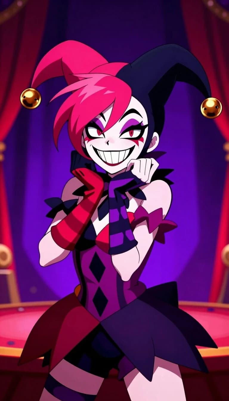 2D digital anime art style, a chaotic female jester character from "The Freak Circus", sharp mischievous grin with pointy teeth, asymmetric vibrant hair, wearing a flamboyant circus performer outfit, mismatched gloves, stripes and diamond patterns, dark gothic jester hat with small bells. High contrast lighting, bold line art, yandere eyes, theatrical dark carnival background with purple and crimson lights, stylized visual novel character sheet.