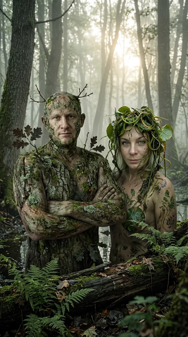 Hyper-realistic cinematic shot, National Geographic style photography, capturing a mystical encounter in a dense, misty Slavic swamp. A man and a woman transformed into Leshy and Kikimora. The man (Leshy) has weathered, bark-like skin textures subtly integrated with his natural skin tone, adorned with moss, lichen, and small twigs, maintaining his original facial features and proportions. The woman (Kikimora) features intricate patterns of swamp vegetation and damp algae entwined in her hair and skin, preserving her authentic face and anatomy. They are positioned naturally within a primeval forest setting. Lighting is moody and atmospheric, with soft, diffused sunlight filtering through thick fog and ancient canopy, creating realistic shadows and highlights. Composition is a medium shot, capturing their organic integration into the environment. High-detail textures of wet mud, decaying leaves, and damp moss. Shot on 35mm lens, f/2.8, grainy film texture, authentic color grading, ultra-realistic skin pores and organic details, no digital smoothing, looking like a raw, candid photograph of mythological beings.