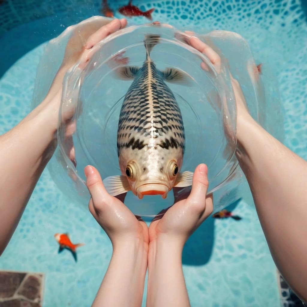 amazing details, high-quality HD, shot on a Sony A7R IV, 50mm f/1.8 lens, a professional real-life photograph of a pov looking at a pair of hands gently cradling a small pool of water. Underneath the surface, there's a chibi koi fish happily smiling. The fish's expression is cute and innocent. The natural and realistic atmosphere is captured perfectly. The koi fish is 2D, hand-painted with impasto texture. A professional image taken from a Sony A7R IV, 50mm f/1.8 lens, resembling real-life photography, natural lighting, professional photography, soft natural lighting