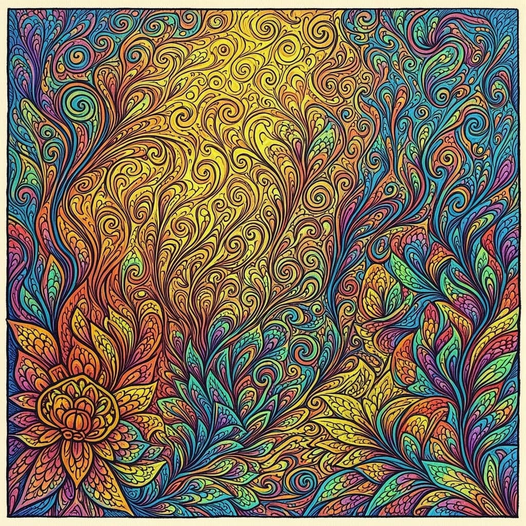 Vibrant colors and intricate textures breathe life into this captivating ink illustration, stirring deep emotions and inviting introspection with its enchanting allure.