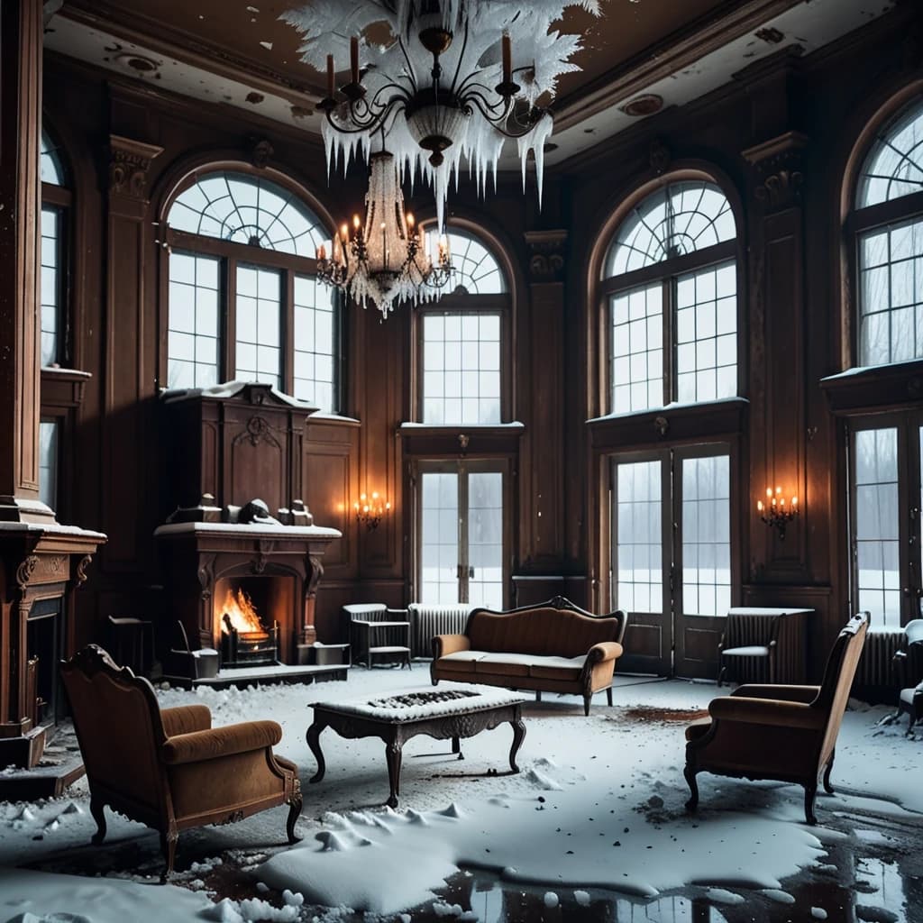 An elegant abandoned hotel lobby with a roaring fireplace, antique furniture, crystal chandelier, snow blowing against tall windows, no people, eerie silence, warm interior contrasting with the frozen world outside, cinematic realism, highly detailed.