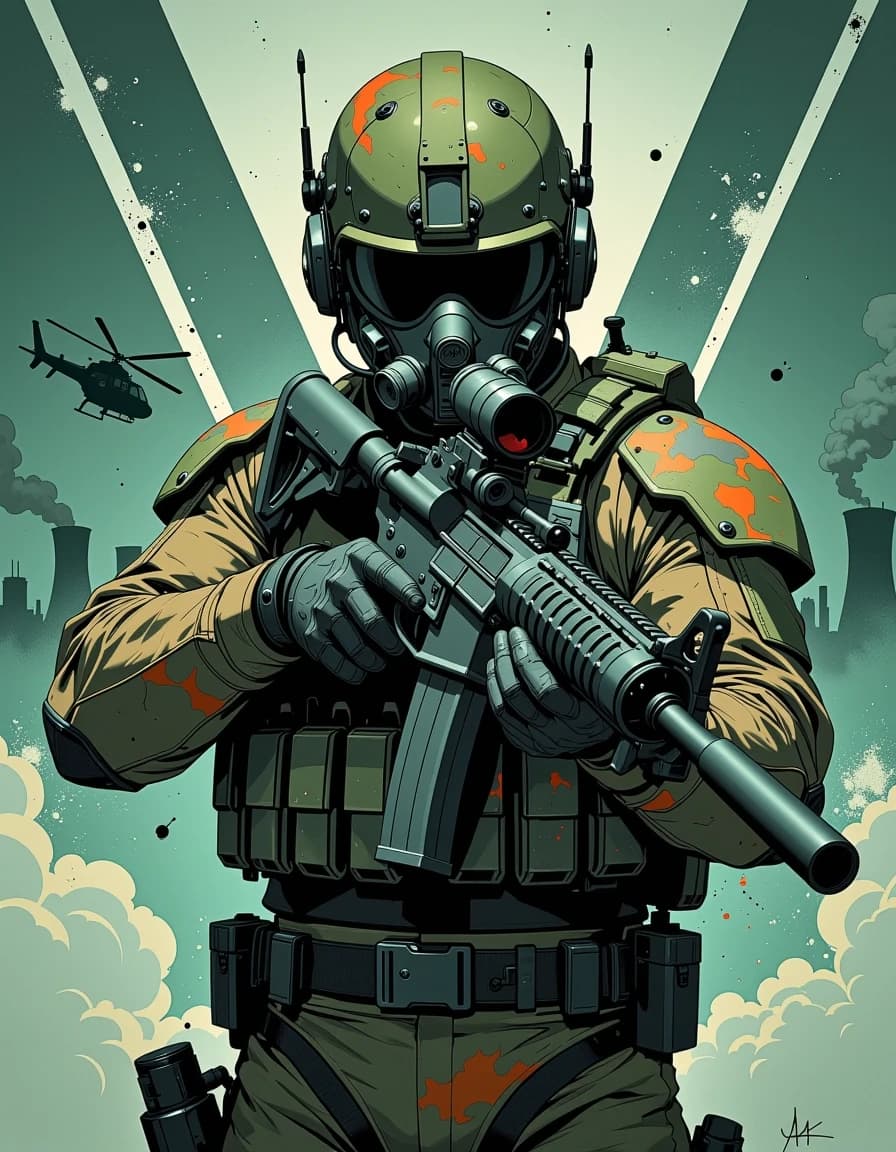 A masterpiece, in the style of the 1980s, with bold lines, dynamic strokes and rich textures, on background with a touch of nostalgia, perhaps with subtle drawings inspired by cellulose and vintage, worn textures similar to paper, oil painting, Ultra-detailed cinematic digital painting of a futuristic special-ops soldier, waist-up, centered, aiming a suppressed modern assault rifle directly at the viewer; soldier wears heavy modular tactical armor, camo chest rig loaded with multiple rifle magazines, articulated ballistic suit with ribbed muscle-like fabric, reinforced padded gloves; advanced helmet with multi‑lens night‑vision array, integrated gas mask, comms antennas, metal mounts and bolts, weathered scratches and soot; rifle features long suppressor, holographic/red dot sight, angled foregrip, rail-mounted flashlight and laser, textured metal and polymer surfaces; background split by diagonal graphic panels with silhouetted military helicopter and cooling-tower industrial skyline, billowing smoke, paint splatters and orange scorch accents; moody desaturated green‑teal palette with muted orange highlights, volumetric smoke and dust, rim and directional key lighting, high contrast, subtle film grain and canvas texture; painterly realism with gritty comic‑book energy, ultra‑detailed, intricate textures, strong depth of field, dramatic atmosphere, dynamic composition, tense covert ops mood, high resolution. celshading, simple background