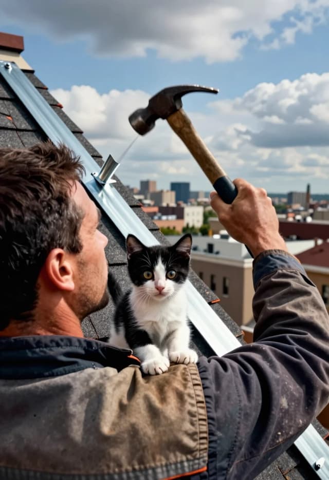 Photorealistic, cinematic, 8K, 2:3 aspect ratio. Over-the-shoulder shot from a low angle, as if the viewer is standing right behind the roofer, seeing the world through his eyes — or rather, the eyes of the tiny kitten perched on his shoulder.
The roofer (seen from behind and side, strong profile) is installing a new metal flashing with a hammer. His arm is mid-swing, captured in sharp detail — the taut muscles, the grip on the hammer, the protective sleeve. The motion is frozen at the peak of the swing, creating energy.
On his shoulder, clinging to the collar of his jacket, is a tiny black-and-white kitten. Its eyes are huge and round, fixed on the hammer with intense, comical concentration, as if it’s judging the quality of the work. Its tiny claws are delicately gripping the fabric. This creates a humorous contrast between the heavy work and the kitten’s delicate scrutiny.
The foreground is the roofer’s shoulder and the kitten; the mid-ground is the roof surface — textured shingles, old tiles, the new flashing being installed. The background is a sprawling, detailed cityscape with a clear blue sky and a few dramatic clouds.
Technical: dynamic composition with strong diagonal lines (the roof slope, the hammer swing). High detail on the textures: rough shingles, smooth metal flashing, soft kitten fur, worn work jacket. Natural lighting, high contrast. Mood: teamwork, humor, the unexpected partnership of man and animal, the thrill of working high above the city.