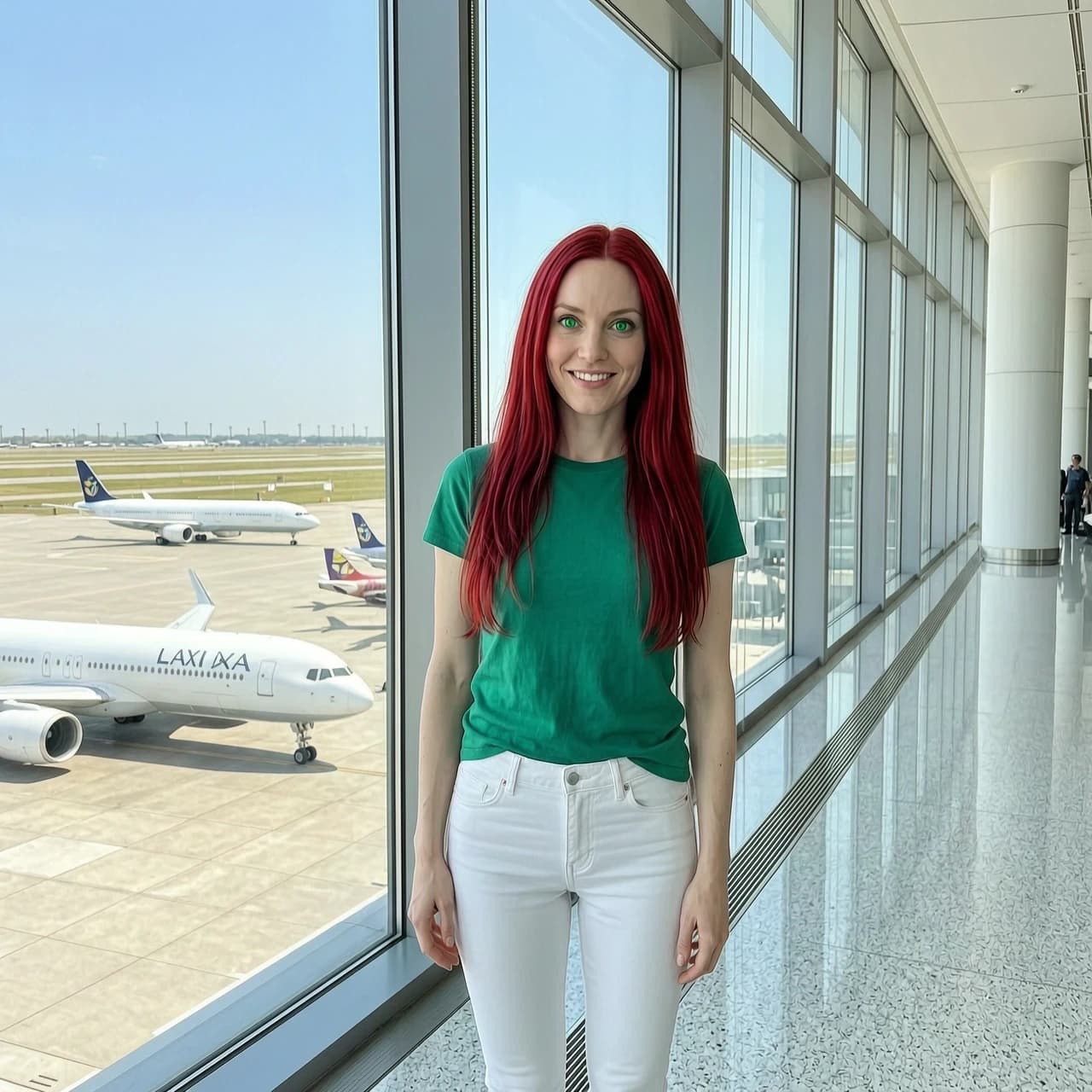 A beautiful 27-year-old petite woman, 160 cm tall, slim and fragile build. Long vibrant dyed-red hair falling below her shoulder blades. Clear porcelain skin, completely without freckles. Naturally full, plush lips like Angelina Jolie. Rare vibrant emerald-green eyes, an intelligent, smart, and playful mischievous expression full of inner light. She is wearing tight white skinny jeans and an emerald-green t-shirt. She is standing next to a huge panoramic floor-to-ceiling window inside the LAX airport terminal. Modern airplanes are visible outside the window on the airfield. Highly detailed realistic photo, bright cinematic lighting, beautiful composition.