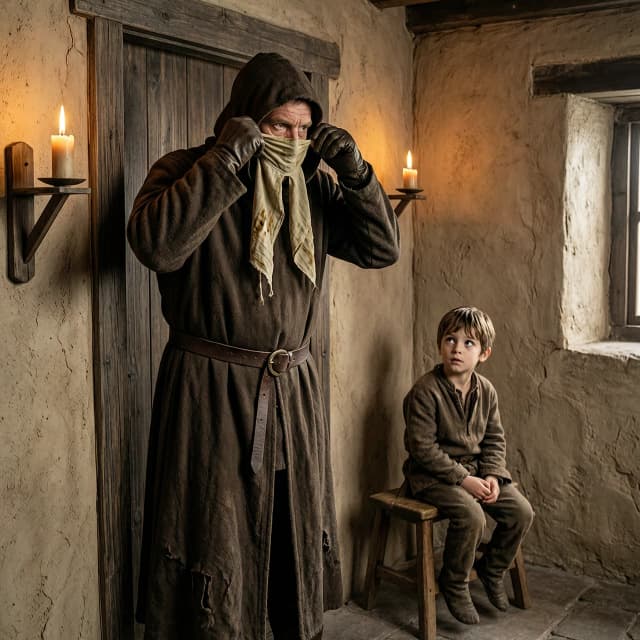 A cinematic medieval dark fantasy scene, 16:9 aspect ratio. Inside a modest stone house with warm dim candlelight, a rugged father figure stands near a wooden doorway, tying a vinegar-soaked cloth mask securely over his face with both hands. He wears a long dark brown hooded robe, detailed worn fabric, leather belt, and dark gloves. Beside him, a small young boy sits on a simple wooden stool in the corner, watching his father with wide, expressive eyes. Tan plaster interior wall, dark wooden window frame, rough stone textures, subtle shadows, realistic cloth and leather details, atmospheric medieval lighting, dramatic composition, cinematic depth, highly detailed digital painting, realistic proportions, gritty historical atmosphere, muted brown, grey and amber color palette, high-quality graphics, sharp focus, no text, no watermark.