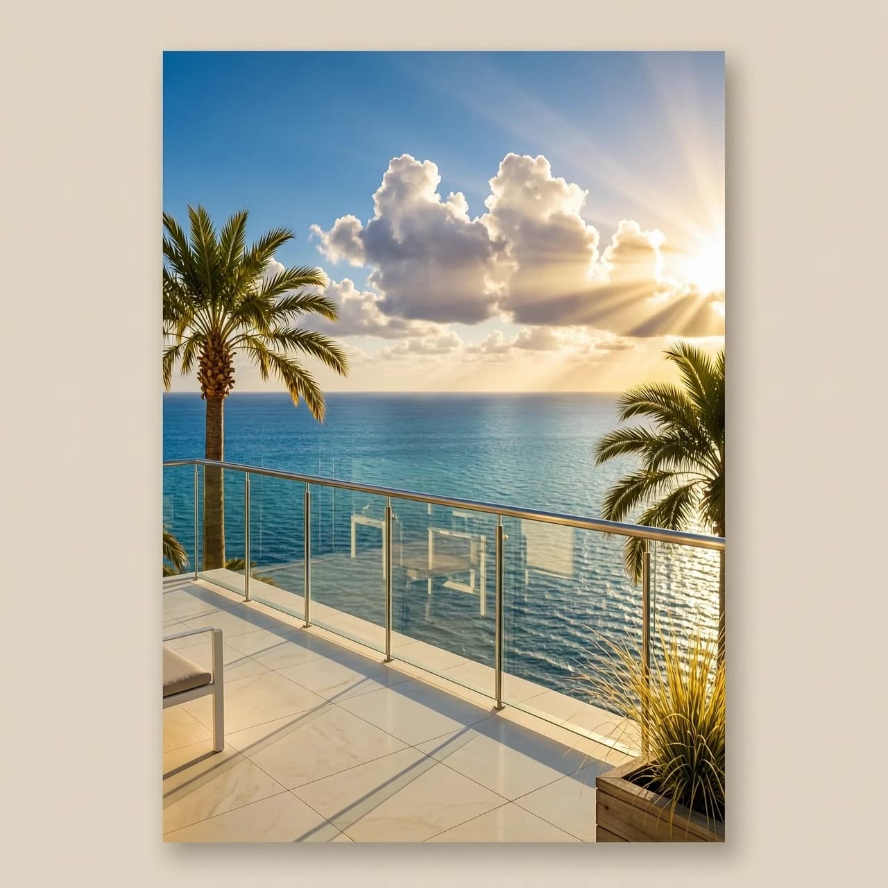 Book cover art, vertical 3:4 aspect ratio, minimalist aesthetic. A stunning panoramic view of a luxury modern glass villa balcony overlooking the deep blue ocean in Malibu. Palm trees swaying in the wind, cinematic soft morning sun rays, high-end lifestyle photography, rich and elegant atmosphere. Blurred clean background for typography, no people, no text, no letters