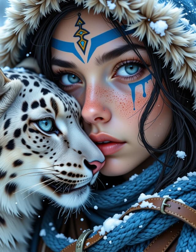 A masterpiece, in the style of the 1980s, with bold lines, dynamic strokes and rich textures, on background with a touch of nostalgia, perhaps with subtle drawings inspired by cellulose and vintage, worn textures similar to paper, oil painting, Cinematic close-up portrait of a fierce yet serene young woman warrior from a snowy northern tribe. She has piercing bright blue eyes, fair skin with freckles, and elaborate blue and white tribal face paint with geometric and symbolic patterns. Delicate snowflakes cover her face, eyelashes, and lips.She is wearing a thick blue woolen scarf and a large hood made of soft gray-white fur with long, frosted feathers and small icicles. A majestic snow leopard with pristine white fur and black rosettes is tenderly pressing its head against her cheek, eyes relaxed.Soft diffused natural light, gentle snowfall, cold winter atmosphere, micro details on skin, fur, feathers and paint, hyperrealistic, photorealistic, dramatic yet intimate mood, 8k resolution, ultra-detailed, national geographic photography style. hdr