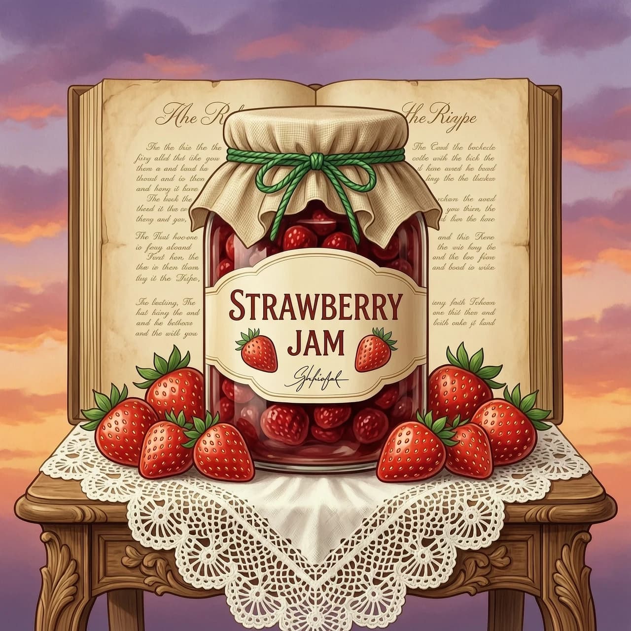 In the center of the composition is a large glass jar with jam. It has a characteristic shape: a wide bottom and a tapering neck. The jar is covered with a beige cloth lid, which is tied with a green string. There is a bright label on the jar itself. In the upper part, "STRAWBERRY" is written in large letters, and under this word, in a smaller font, "JAM". Two small strawberries are painted on the sides of the inscription. The label is decorated with the artist's signature, which looks like an autograph, but it is very stylized and difficult to read. The jar stands on a wooden carved tea table. A small white lace tablecloth is spread out on the table. The edge of the lace tablecloth frames the composition from below. Strawberries of various sizes are scattered around the perimeter of the jar. All of them are bright red, with yellow seeds and green sepals. The backdrop for this whole scene is an open recipe book. Its pages are made in warm colors, imitating antique parchment. The text on the pages is made in a beautiful font in a fabulous style. The entire image is surrounded by a sky colored in shades of sunset: purple, orange, pink. This creates a cozy, homely atmosphere, as if the scene is taking place on the veranda at the end of a warm day. (Style): art design, Rococo, Baroque, still life, double exposure, close-up. The inner light. High quality, 4k resolution, intricate details.