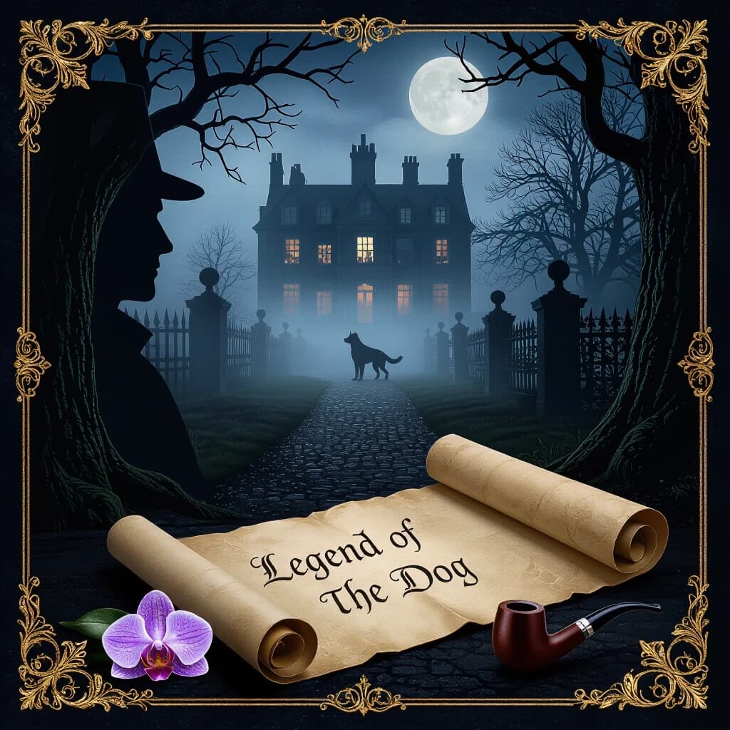 The book cover. Decoration: gold and silver embossing and foiling. In the background:Yew Alley surrounds Baskerville Hall against a backdrop of fog and peat bogs. The silhouette of a large black dog is visible from the fog. Foreground: an unfolded antique scroll with the inscription "Legend of the Dog" on the scroll lies an orchid flower and a tobacco pipe. On the left, the aristocratic profile of Sherlock Holmes is visible in the moonlight. (Style): Art fantasy, Baroque, Rococo, eclectic. The inner light. High quality, 4k, intricate details, double exposure, beautiful patterned Victorian font, close-up. adventure, detective, history. (Colors):brown, red, green, blue, later pastel colors.