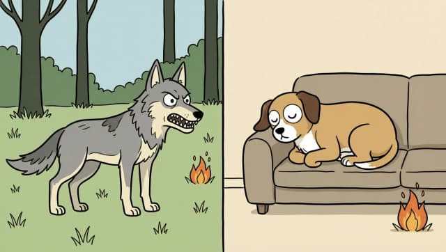 A split-screen image divided by a thin vertical black line. Left half: a simple flat soft green forest with a few dark green tree trunks, and a lean gray wolf with a flat medium gray coat, a lighter cream belly and muzzle, darker gray accents on the back and tail tip, pointed upright ears, long bushy tail and a small black dot eye, snarling with bared teeth. Right half: a simple room interior with a plain sofa, and on the sofa a friendly medium-sized dog with a flat tan coat, a white chest and muzzle, darker brown floppy ears, a short curled tail and a round black dot eye sleeps curled up peacefully with closed eyes. flat 2D hand-drawn cartoon illustration in a simple webcomic explainer style, clean slightly wobbly black ink outlines of even medium thickness on every shape, stick-figure characters with thin single-line black limbs, tiny line fingers and large perfectly round white heads with small solid black dot eyes and simple expressive line eyebrows and mouth, animals drawn with simplified natural proportions in side view with one flat fur color, a slightly darker accent tone and short texture strokes along the fur edges, flat solid color fills with no gradients, no shading, no cast shadows, no glow and no lighting effects, only sparse short hand-drawn texture strokes on fur, dry grass and wood, muted warm earthy palette of pale sky blue, tan ochre, straw yellow, warm brown, dark chocolate brown, bone cream, stone gray, taupe, rust red ochre and soft green with small orange-yellow fire accents, any text written in thin black hand-lettered uppercase marker letters, calm uncluttered composition with one main subject and only a few props, generous empty space, 16:9 horizontal composition, centered subject, plenty of empty negative space