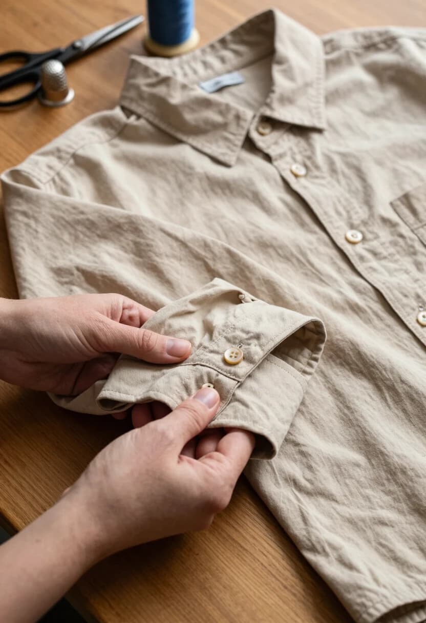 Photorealistic, 8K, extreme detail. Close-up top-down shot of a beige button-up shirt laid flat on a wooden table. Someone’s hands are folding the sleeves and then folding the shirt in thirds; the focus is on the hands and the fabric. Show the texture of the cotton: slight irregularities in the weave, tiny threads, natural creases. The buttons are aligned precisely; you can see the tiny stitching around each button and the buttonholes.
The wooden table has visible grain and a matte finish; a small sewing kit (spool of thread, scissors, thimble) rests in the corner, slightly out of focus. Soft studio-like lighting from above creates gentle shadows in the folds and highlights the button’s contours.
Mood: calm, methodical, domestic. Lighting: soft diffused overhead light, minimal glare, precise shadows to emphasize folds and textures. Style: photorealistic still-life/lifestyle photography, strong emphasis on tactile realism, clean composition with depth of field.