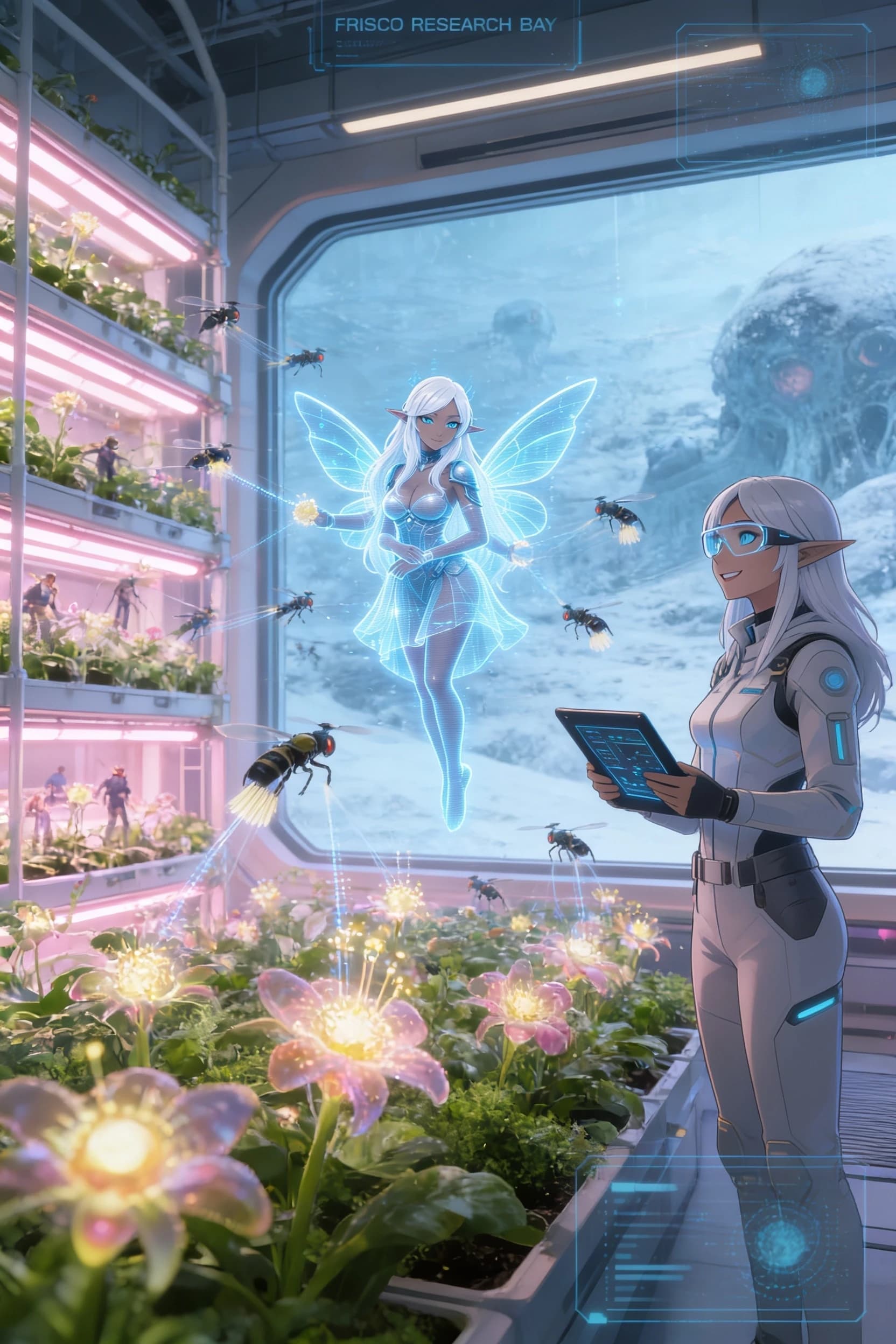 A detailed sci-fi concept art of a futuristic botanical greenhouse inside the Frisco Research Bay. Inside is a lush oasis with vertical hydroponic farms, glowing alien flowers, and dense green vegetation under soft pink and warm white grow lights. FRISCO's holographic AI avatar, a glowing blue digital fairy, hovers in the center. She controls a swarm of tiny pollinator drones the size of a human. The microdrones are equipped with precise electrostatic brushes that carefully collect and transfer glowing pollen from the flowers. Beside her, a female scientist in a lightweight tech suit and smart glasses holds a tablet with data, smiling and observing the process. In the background, a huge panoramic window offers a view of the frozen, snow-covered alien landscape outside. Cinematic lighting, intricate details, UI overlays, artbook style, high-tech sci-fi. --ar 4:3