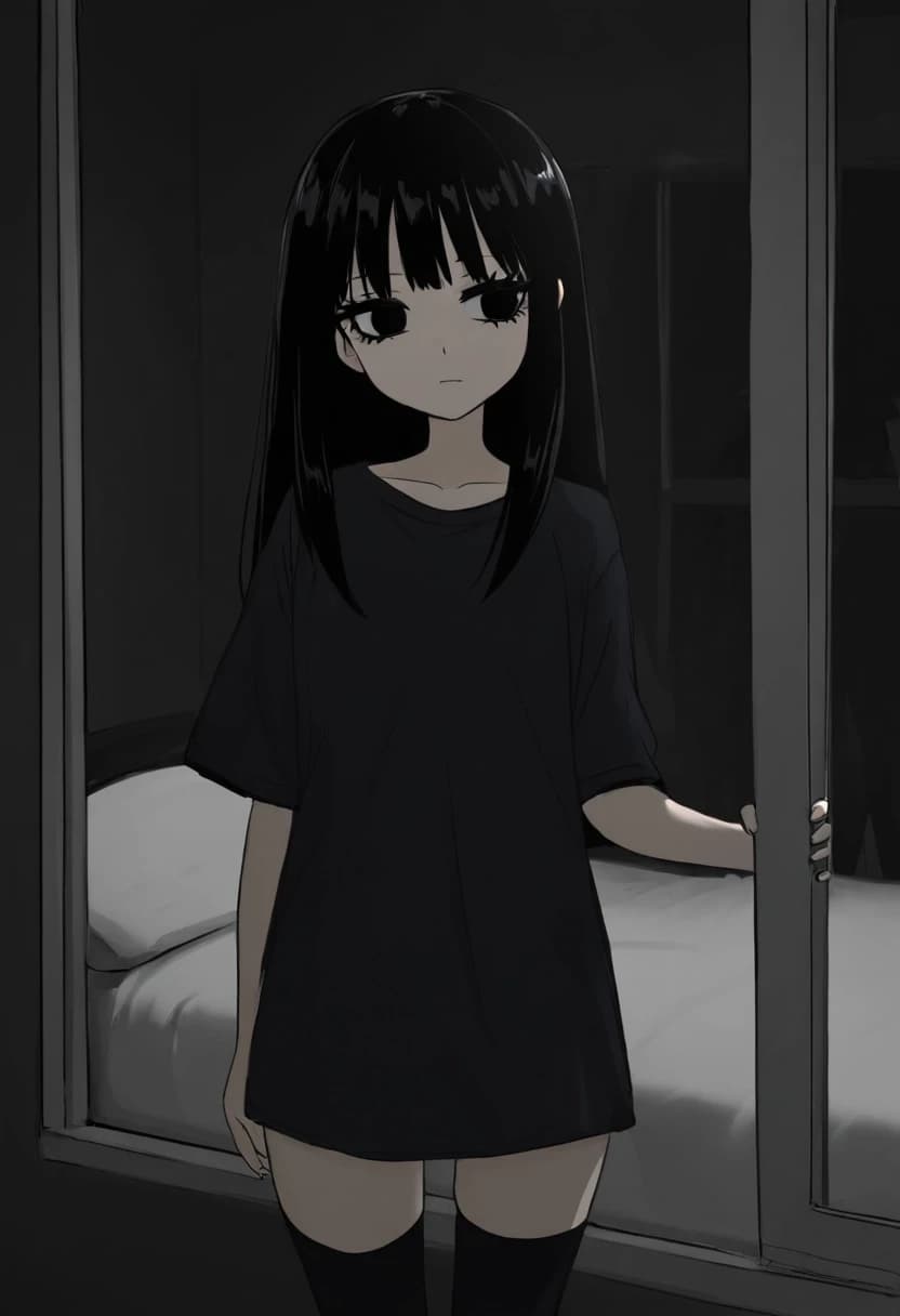 милая anime азиатка с большими черными милыми глупыми глазами черными длинными волосами с челкой и черными ресницами. темная комната и кровать. длинная черная однотонная футболка. черные чулки. худенькая низкорослая с плоской фигурой стоит у окна