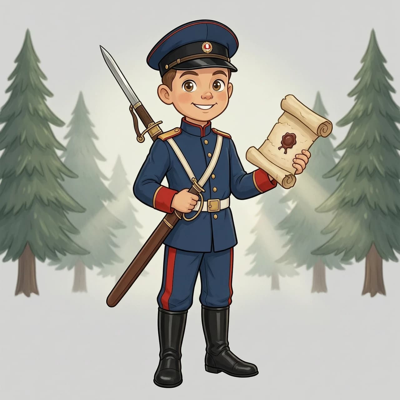 masterpiece, ultra detailed, 8k resolution, digital art.
Character design of a friendly mascot for the Novoilyinsky Cossack Cadet Corps.
Boy-cadet, 12-14 years old, cute Disney/Pixar style with slightly oversized expressive eyes for empathy.
Full-length portrait.
Historical accuracy combined with child-friendly appeal.
Parade uniform of the early 20th century / Russian Empire.
Dark blue gymnasterka or chekmen tunic ((red shoulder boards and cuffs|:1.3)), dark blue breeches-galife with wide red side stripes, high black leather boots.
Cadet shoulder straps on shoulders.
Black peaked cap (forage cap) with Russian cockade.
Attributes:
Traditional Cossack shashka in scabbard slung over the right shoulder (he holds the hilt with his right hand).
Antique scroll with wax seal in left hand (symbol of education).
Facial expression: confident, open, patriotic smile. Direct eye contact with viewer.
Background: clean light grey studio background | soft focus coniferous forest blur.
Lighting: cinematic soft key light, volumetric rays.
Style: children's book illustration meets historical realism.