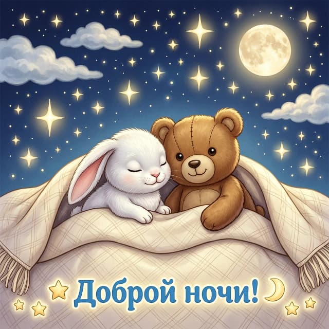 Нарисуй милого белого зайца и коричневого плюшевого медвежонка, которые уютно спят под одеялом на фоне звёздного неба. Внизу добавь надпись «Доброй ночи!» в голубом цвете. Стиль — реалистичный, с мягкими тенями и бликами, чтобы передать уют и тепло.