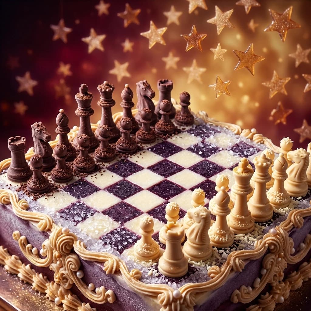 ((Background): currant jelly with stars of candy caramel. (Background colors):dark bordeaux, golden caramel. ((Foreground):(ice cream cake in the shape of a chessboard and chess pieces) iced sugar chessboard with ice chips (Colors of the chessboard):dark purple and creamy white. (Chess pieces) (made of cream and caramel ice cream sprinkled with grated dark and white chocolate). (Style):fantasy, fairy tale, ice cream cake, magic dessert, art decor of desserts and sweets, rococo baroque, double esposition, close-up. The inner light. High quality, 4k, intricate details.