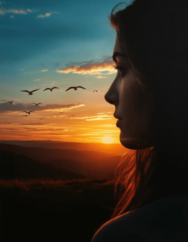 A masterpiece. Oil painting. Landscape at sunset. Double exposure. In the distance, you can see a line of flying birds. A beautiful woman, close‑up, in profile, is looking at them in the distance. Increased attention to small details. Close-up. Danish angle. Octane filter. High resolution. 8K. Style: Vrubel, Titian.