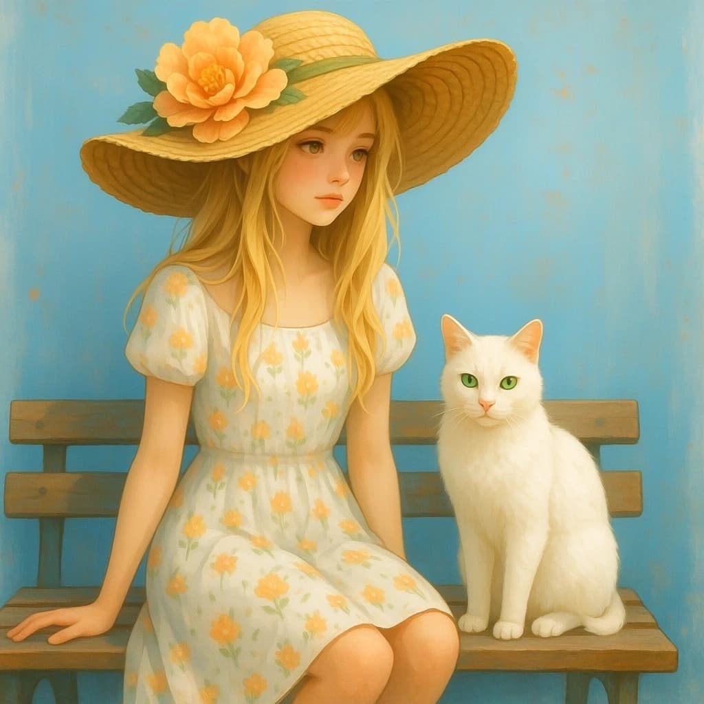 The image is a digital art piece that features a young woman with long blonde hair and a large straw hat with a large flower on top. She is wearing a white dress with a floral pattern and is sitting on a wooden bench. Next to her, there is a white cat with green eyes sitting on the bench. The background is a light blue color with a grungy texture. The overall mood of the image is dreamy and ethereal.